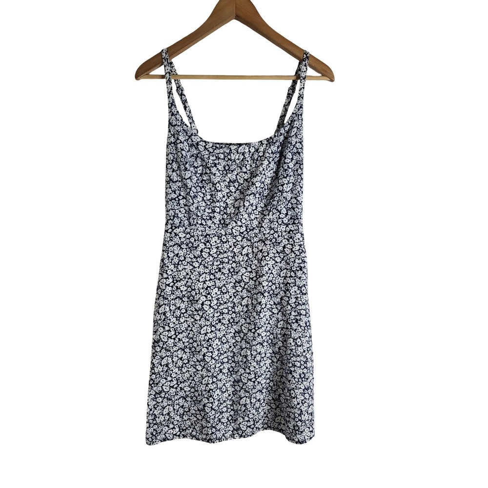 Old Navy Blue White Floral Linen Blend Mini Dress Smocked Back Size M